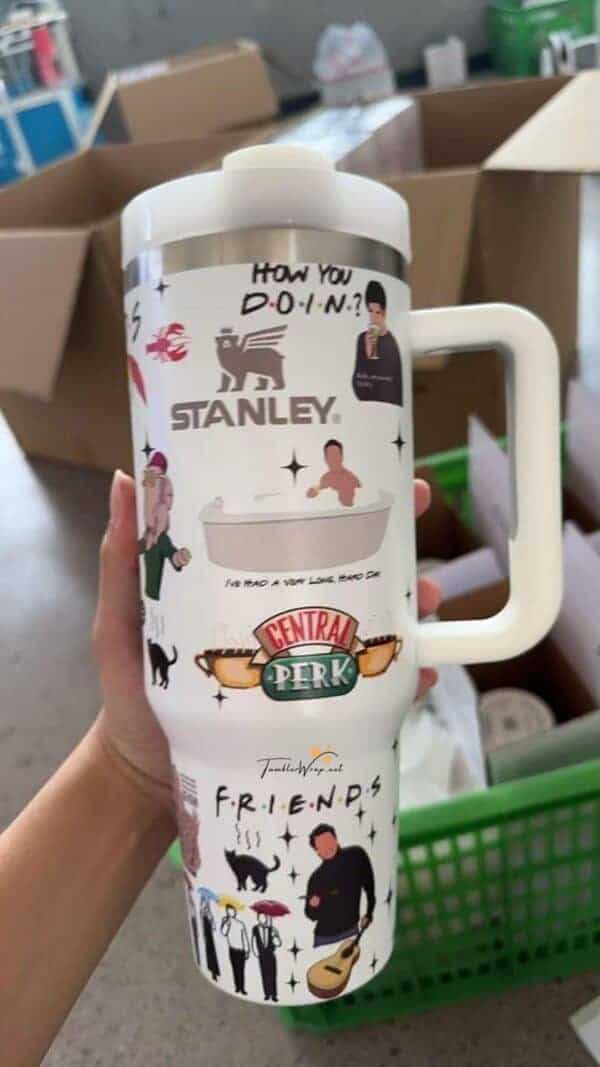 Humorous coffee mug featuring themes from popular TV shows like Friends and Central Perk.
