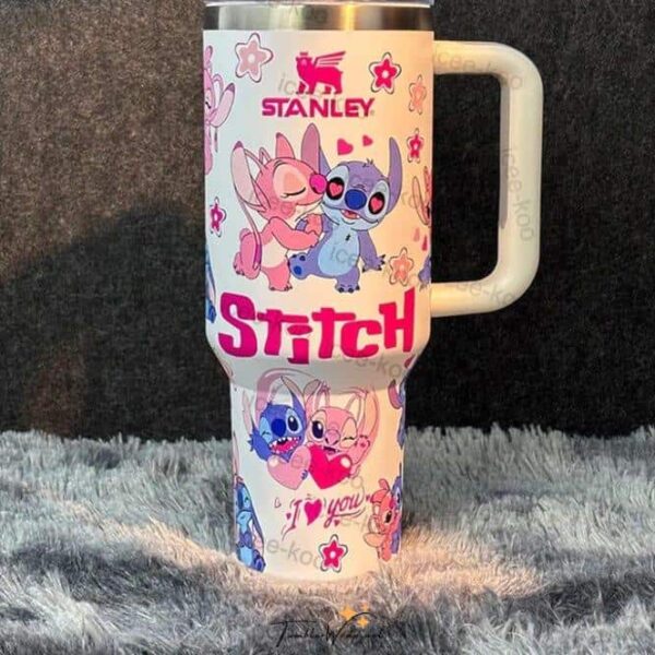 Colorful Stitch and Lilo cartoon mug design for fans.