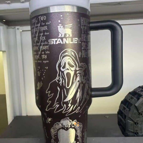 Creative peace-themed mug with horror and clown graphics.