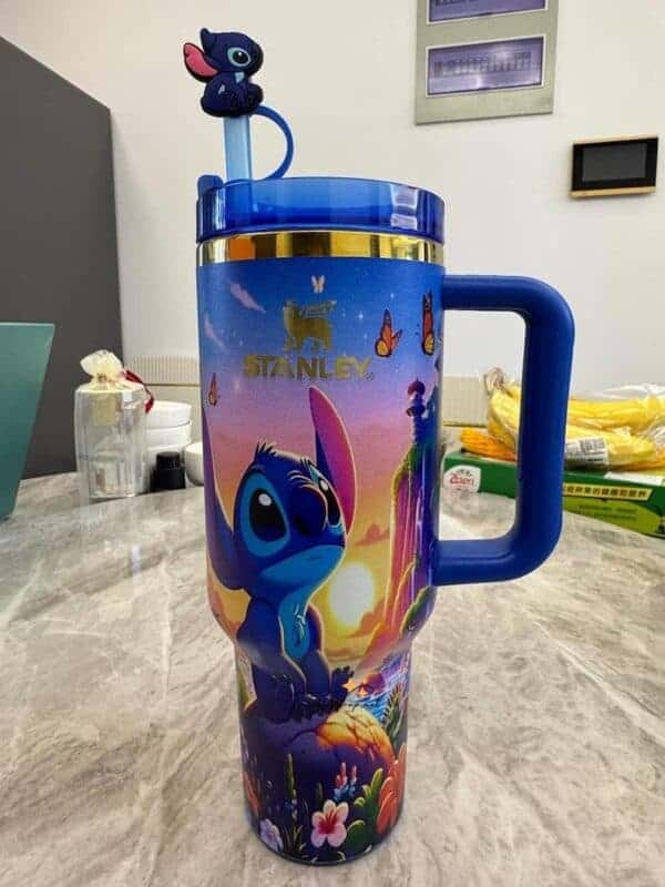 Colorful Stitch-themed travel mug with Disney logo.