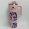 Pink Halloween themed water bottle with Disney Stitch and Moana design.
