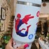 Customized Spider-Man drink tumbler with superhero pose and vibrant colors.