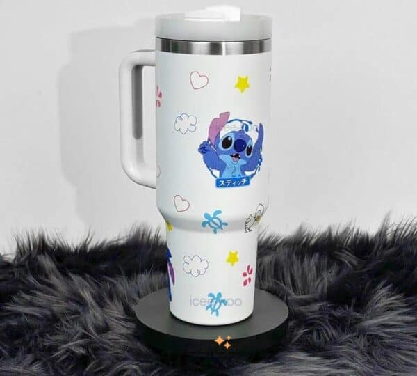 Cute Stitch design on travel mug for fans.