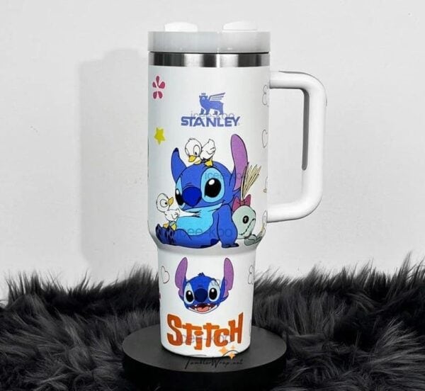 Colorful Stitch and Friends Travel Mug Design.