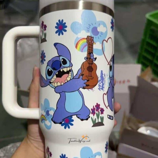 Adorable Stitch from Lilo & Stitch holding a guitar, with flowers, clouds, and rainbows.