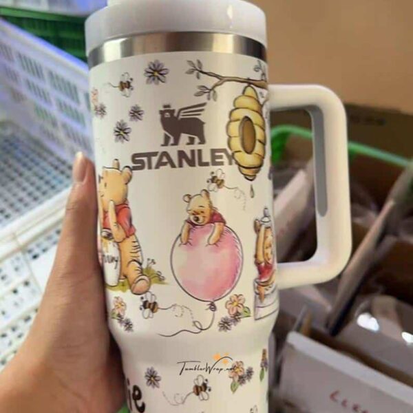 Vibrant Peace SVG design featuring Winnie the Pooh, bees, and floral elements on a thermal mug.