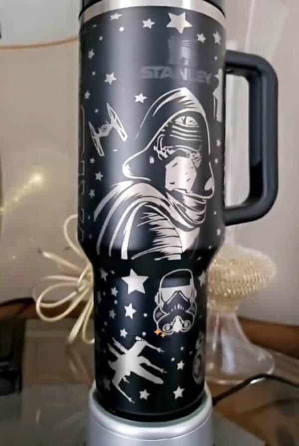 Star Wars stormtrooper travel mug with galaxy and star print, ideal for fans and gift ideas.
