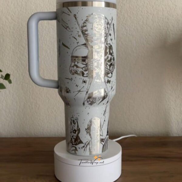 Stylish Star Wars-themed coffee mug featuring Darth Vader and Stormtrooper graphics.