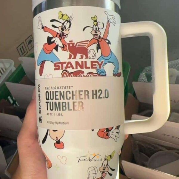 Bright Disney characters on a Quencher H2.0 tumbler for fans of Mickey and Minnie.