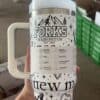 Stylish mountain and wilderness themed tea tumbler design.