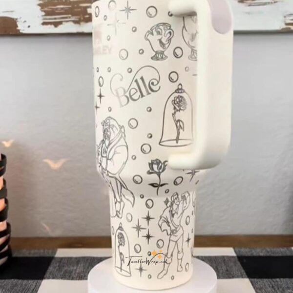 Cute Disney-themed travel mug with Belle illustrations and floral accents.