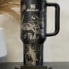 Stylish black thermos with peace and superhero-themed SVG design.