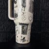 Travel mug with peace symbol, various black and white peace-themed stickers and illustrations.