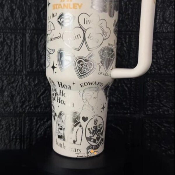 Decorative peace sign and love-themed SVG design on travel mug.
