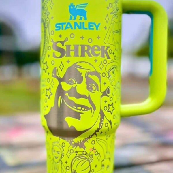 Bright yellow Shrek-themed reusable water bottle with character illustrations.