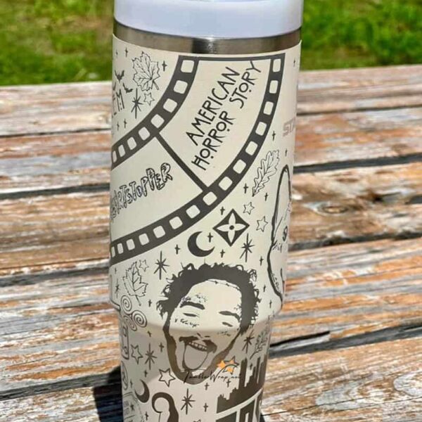Reusable tumbler with peace-themed graphics and illustrations.