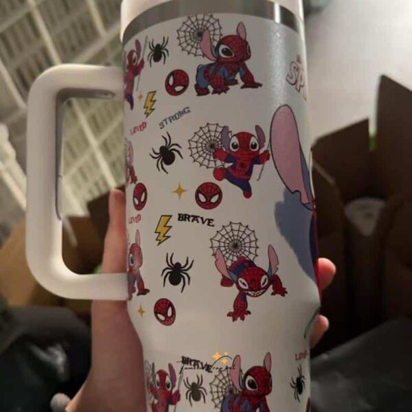 Adorable Spiderman-themed mug featuring cartoon superhero, spider webs, and supportive words.