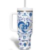 Beautiful Duke Blue Devils themed insulated tumbler with team logos and quotes.