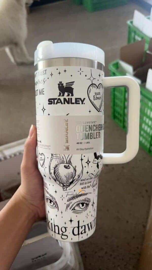 High-quality stainless steel Stanley tumbler with peace and love-themed SVG design.