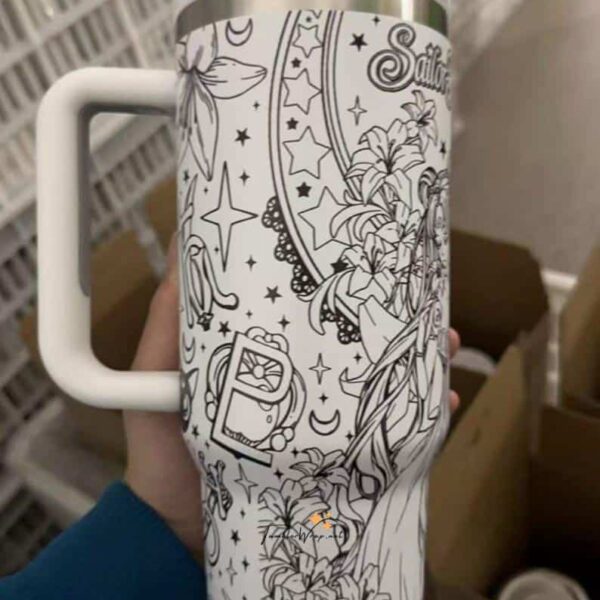 Coloring-inspired peace sign thermos with whimsical designs.