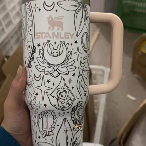 Stylish peace-themed SVG design on thermal coffee mug.