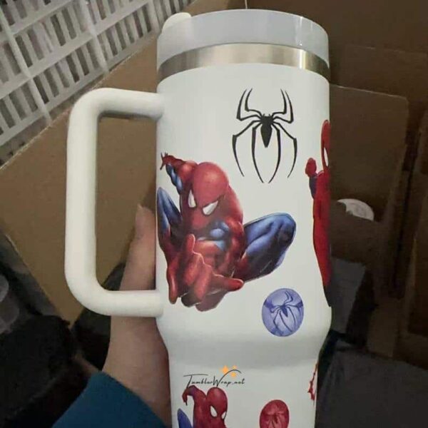 Decorative Spider-Man themed travel mug with Marvel character graphics.