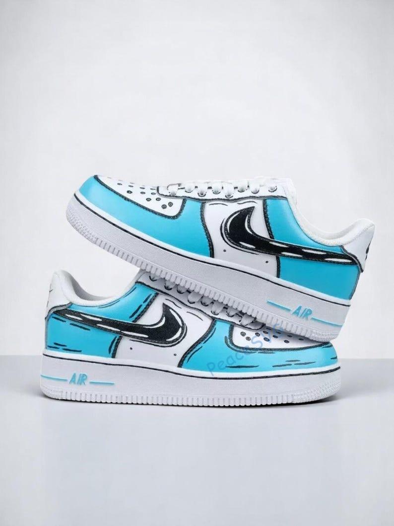 Custom Air Force 1: Hand-Painted Blue Cartoon Drip Sneakers