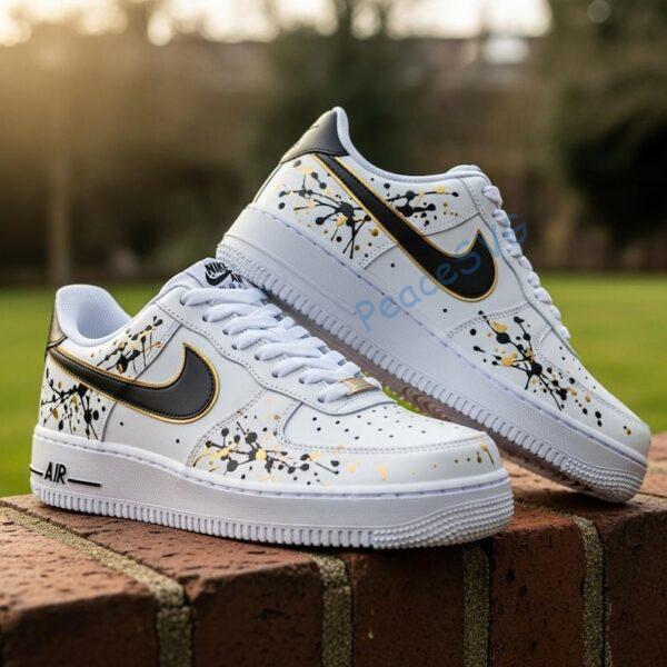 Custom Hand-Painted Drip Air Force 1 Sneakers: Black & Gold Splatter