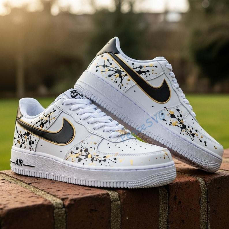 Custom Hand-Painted Drip Air Force 1 Sneakers: Black & Gold Splatter