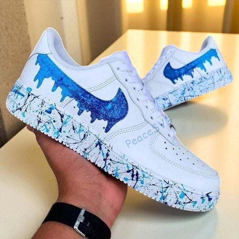 Hand-Painted Air Force 1 Sneakers: Blue Gradient Drip