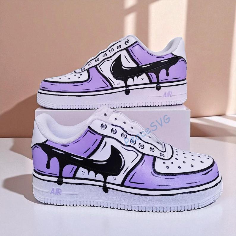 Hand-Painted Lilac Cartoon Air Force 1 Sneakers: Purple Drip AF1 Shoes
