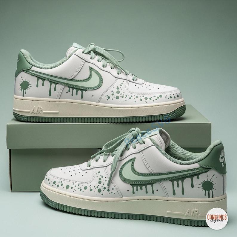 Hand-Painted Sage Green Drip Air Force 1: Custom Streetwear Sneakers