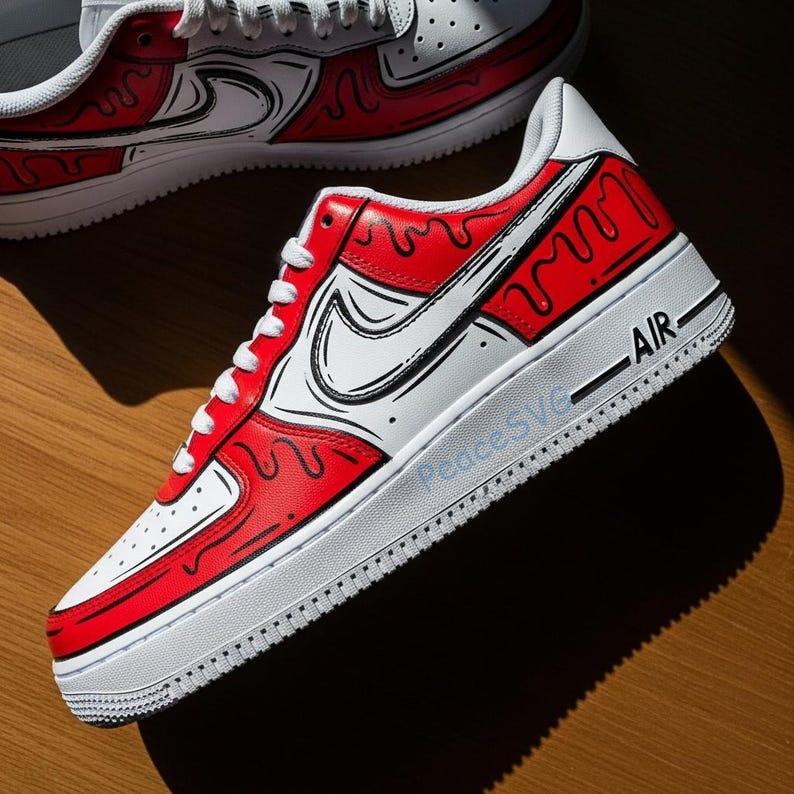 Hand-Painted Red Drip Cartoon Air Force 1 Sneakers: Custom Comic Style AF1