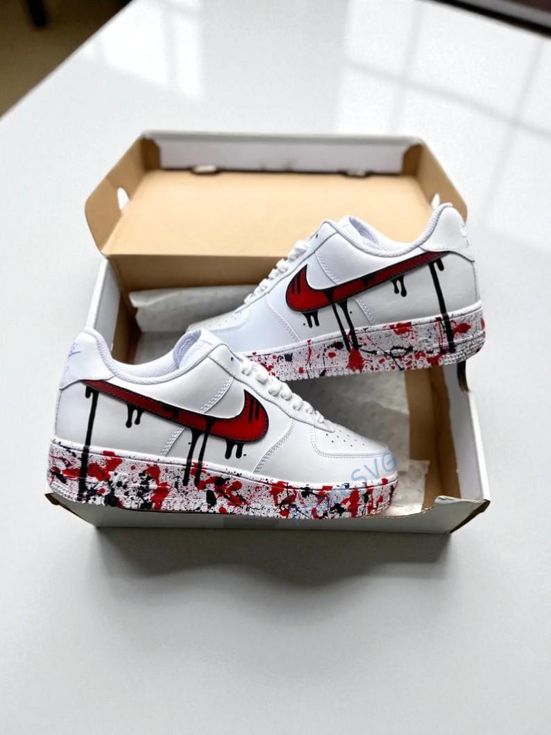 Hand-Painted Red Drip Air Force 1 Sneakers: Custom Streetwear
