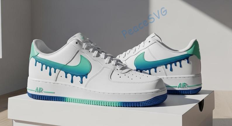 Hand-Painted Teal Blue Drip Air Force 1 Sneakers: Custom Gradient AF1 Shoes