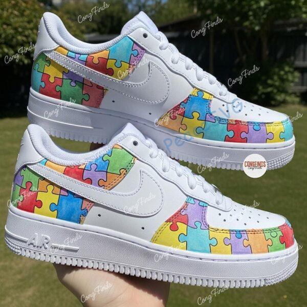 Alternative view of Custom Autism Awareness Puzzle Air Force 1: Hand-Painted Rainbow AF1