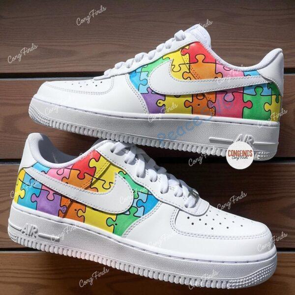 Alternative view of Hand-Painted Autism Awareness Air Force 1 Sneakers: Rainbow Puzzle Design