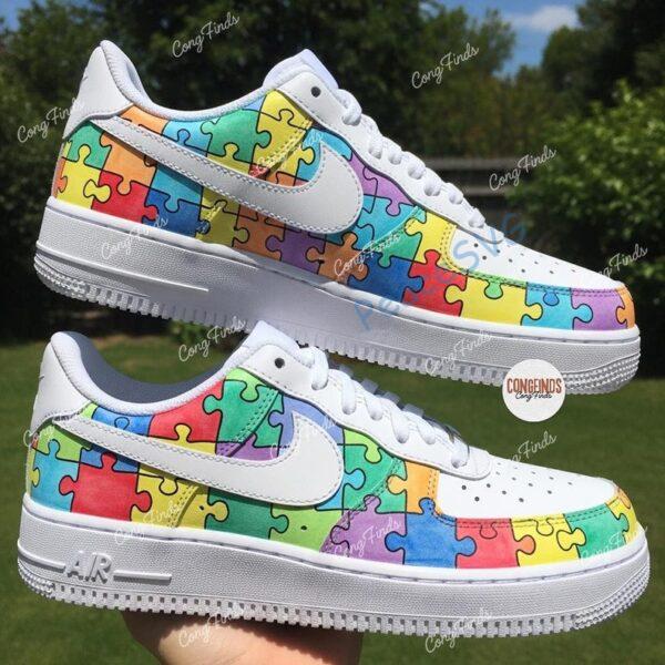 Hand-Painted Autism Awareness Air Force 1: Rainbow Puzzle Sneakers