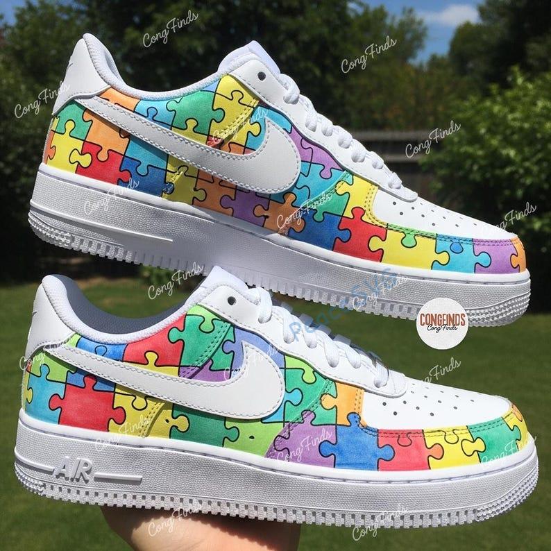 Hand-Painted Autism Awareness Air Force 1: Rainbow Puzzle Sneakers