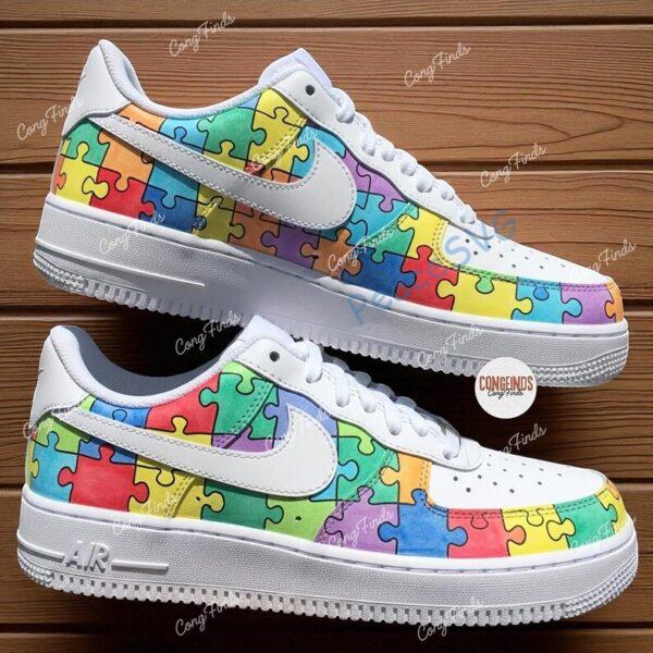 Alternative view of Hand-Painted Autism Awareness Air Force 1: Rainbow Puzzle Sneakers