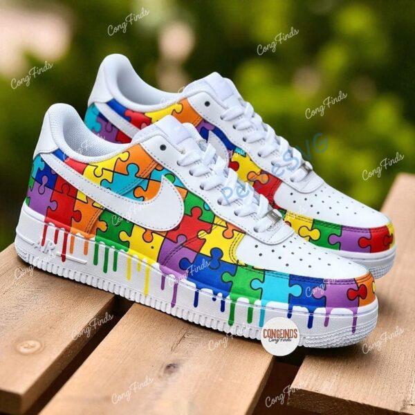 Hand-Painted Rainbow Puzzle Sneakers: Autism Awareness Gift