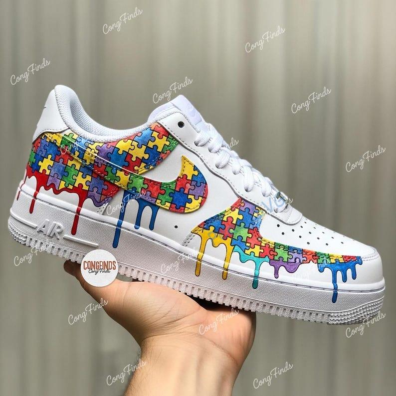 Hand-Painted Autism Awareness Air Force 1 For Kids: Rainbow Drip Sneakers