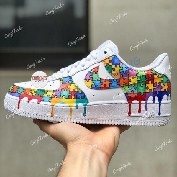 Alternative view of Hand-Painted Autism Awareness Air Force 1 For Kids: Rainbow Drip Sneakers