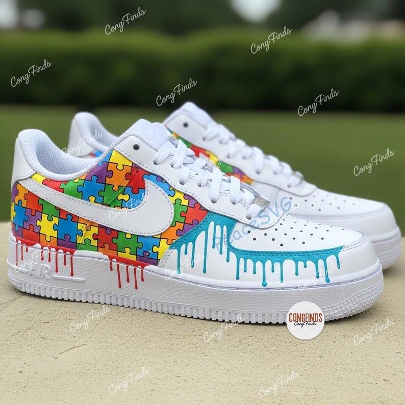 Hand-Painted Rainbow Puzzle Drip Air Force 1 Sneakers: Autism Awareness Gift