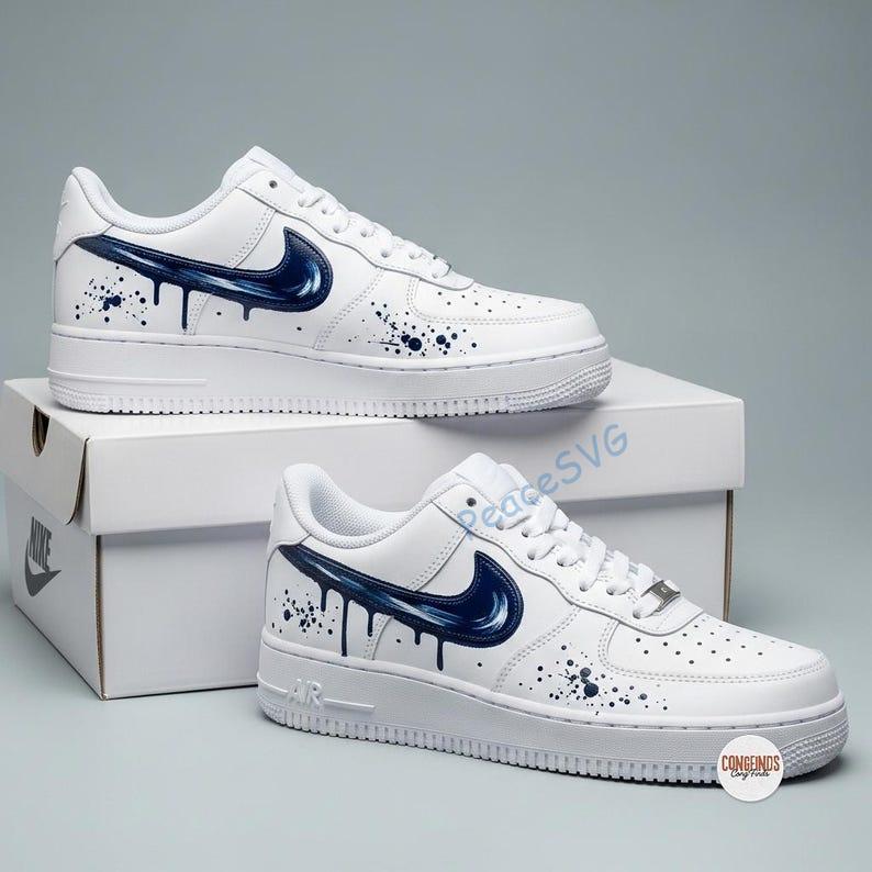 Hand-Painted Navy Drip Sneakers: Custom Blue Splatter Air Style Low Tops