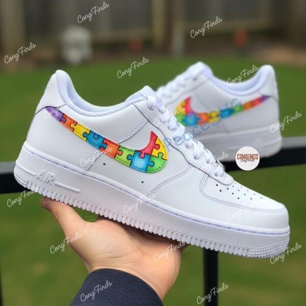 Alternative view of Hand-Painted Autism Awareness Puzzle Air Force 1 Sneakers