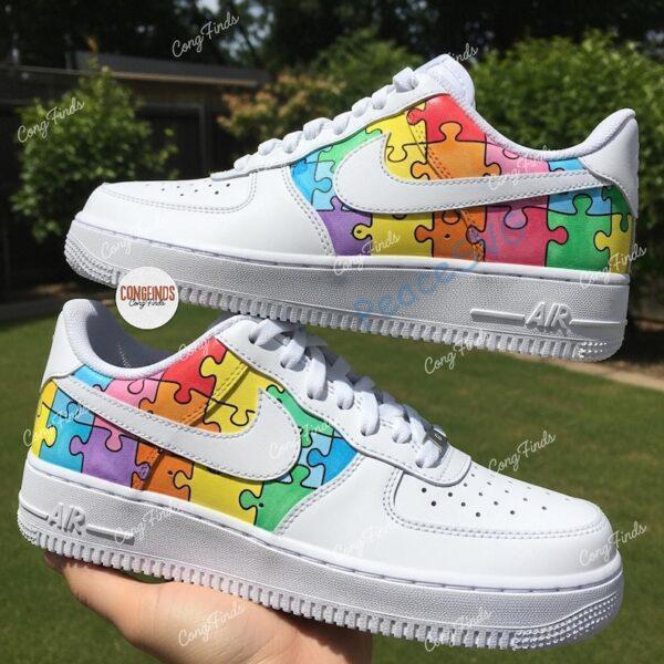 Hand-Painted Autism Awareness Air Force 1 Sneakers: Rainbow Puzzle Design