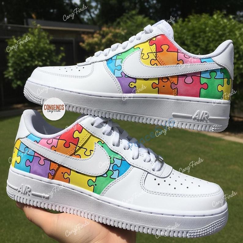 Hand-Painted Autism Awareness Air Force 1 Sneakers: Rainbow Puzzle Design