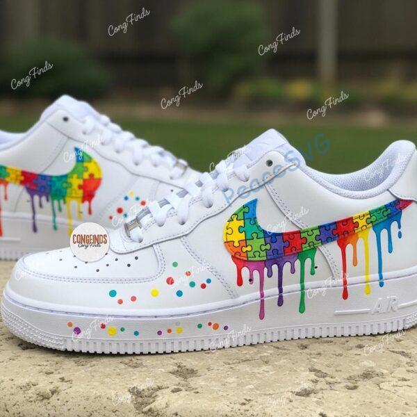 Alternative view of Hand-Painted Autism Awareness Air Force 1 For Kids: Rainbow Puzzle Swoosh