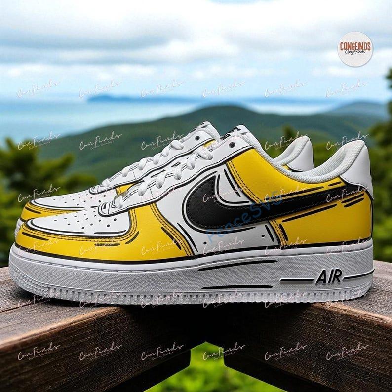 Hand-Painted Air Force 1 Sneakers: Custom Yellow Black Comic AF1 Shoes